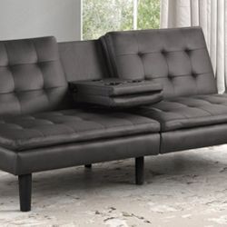 Brand New Grey Leather Futon Sofa Sleeper w Cupholders 