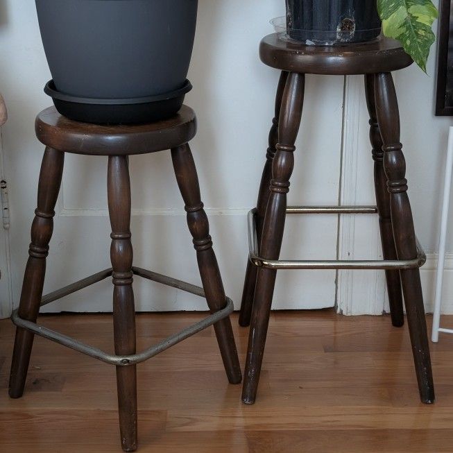 Two Wooden and Metal Bar Stools / Wooden Plant Stands / Counter Height Stool (each $45 both for $80)