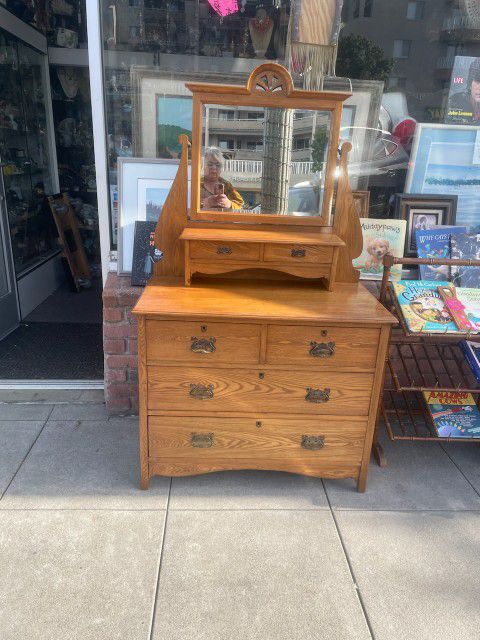 Antique Solid Wood Dresser Chest Of Drawers With Mirror 