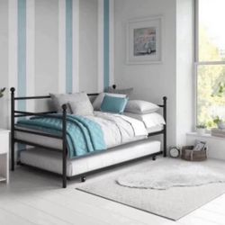 Modern Metal Daybed with Trundle, Twin Size Frame, Black 