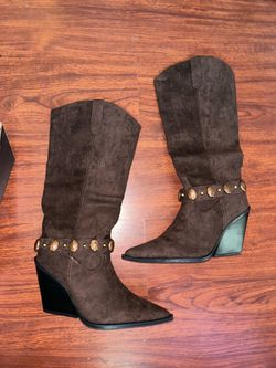 Brown Suede Western Knee-High Wedge Boots