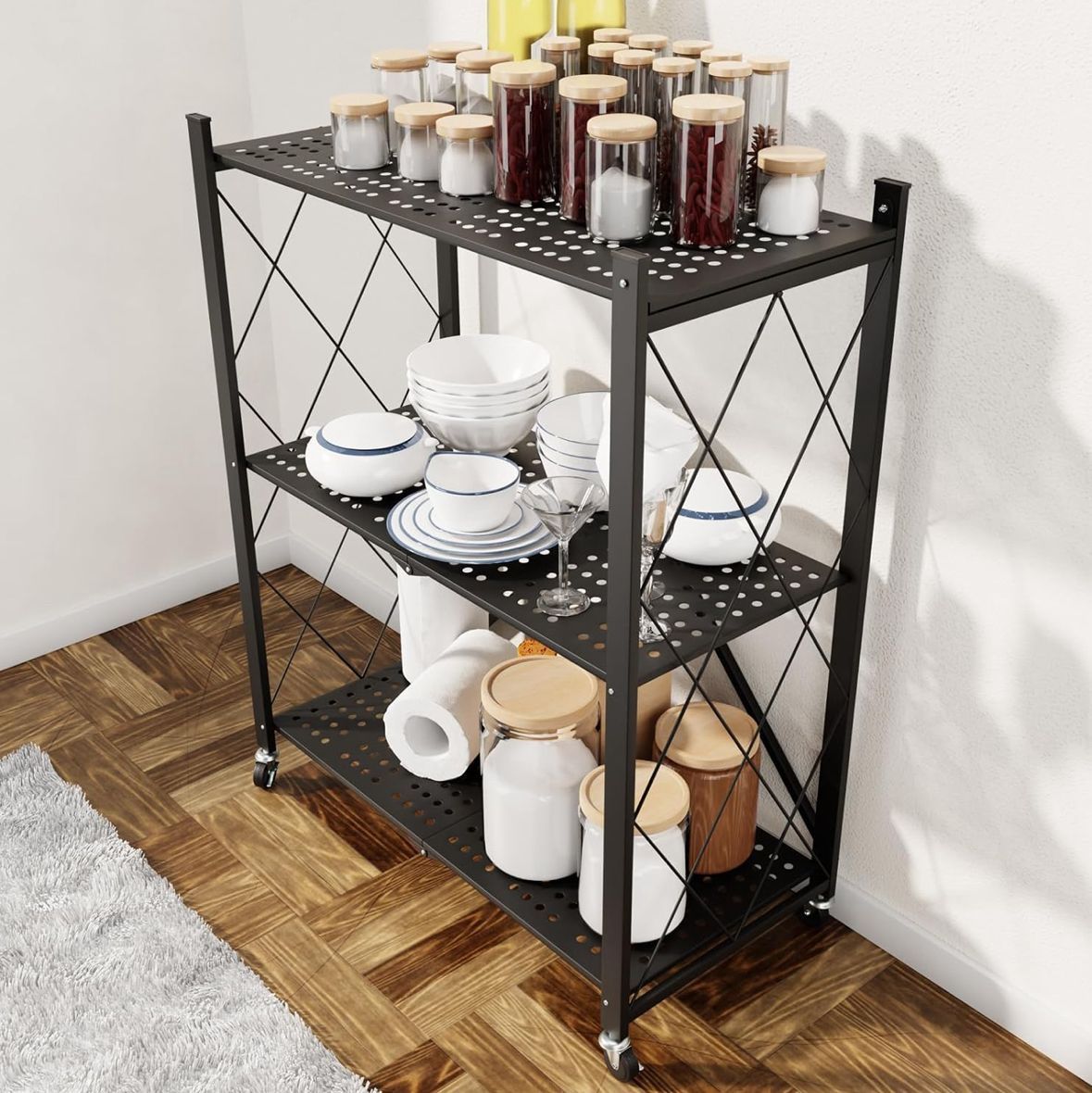 3 Tier Foldable Storage Shelf with Wheels, Heavy Duty Garage Shelving Unit Loads 550 LBS, Metal Steel Collapsible Shelves