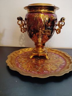 Decorative Russian samovar with a matching teapot and serving tray