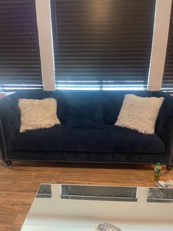 Studded velvet blue couch