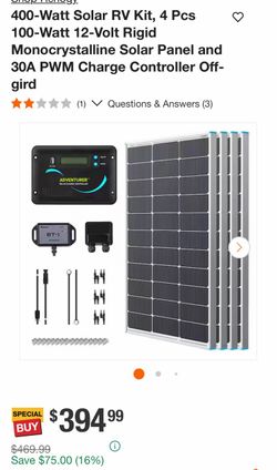 400-Watt Solar RV Kit, 4 Pcs 100-Watt 12-Volt Rigid Monocrystalline Solar Panel and 30A PWM Charge Controller Off-gird