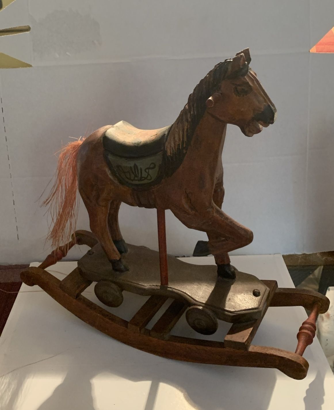 Vintage Hand Carved Wooden Carousel Rocking Horse on Wheels Folk Art Hair Tail