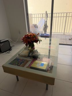 Glass Top Coffee Table with Wood Base
