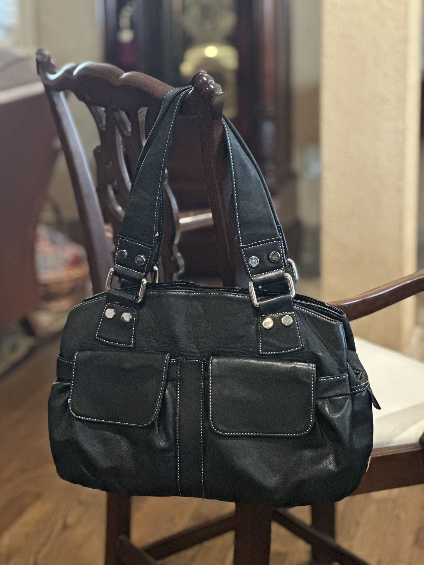 Perlina Soft Black Leather Double Handled Satchel