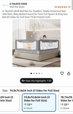 G TALECO GEAR Bed Rail for Toddlers, 3 Sides for Full Size Bed. NEW!
