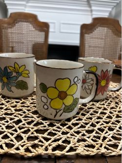Three Mcm vintage retro stoneware floral mugs