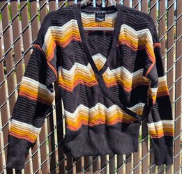 FCT With Love Women's Wrap Sweater Black Earth Tone Chevron Knit Retro 70s