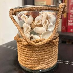 Glass Jar with Rope Detail and Assorted Sea Shells and Stones