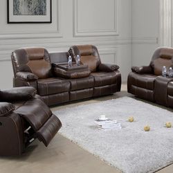 Soft Brown Leather Fully Reclining Three Piece Couch Set