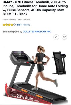 UMAY - U70 Fitness Treadmill, 20% Auto Incline, Treadmills for Home Auto Folding w/ Pulse Sensors, 4