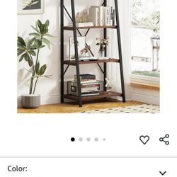 Industrial Ladder Shelf Bookcase, 4 Tier Rustic Ladder Bookshelf, Standing Leaning Book Shelves for Living Room (Rustic Oak)