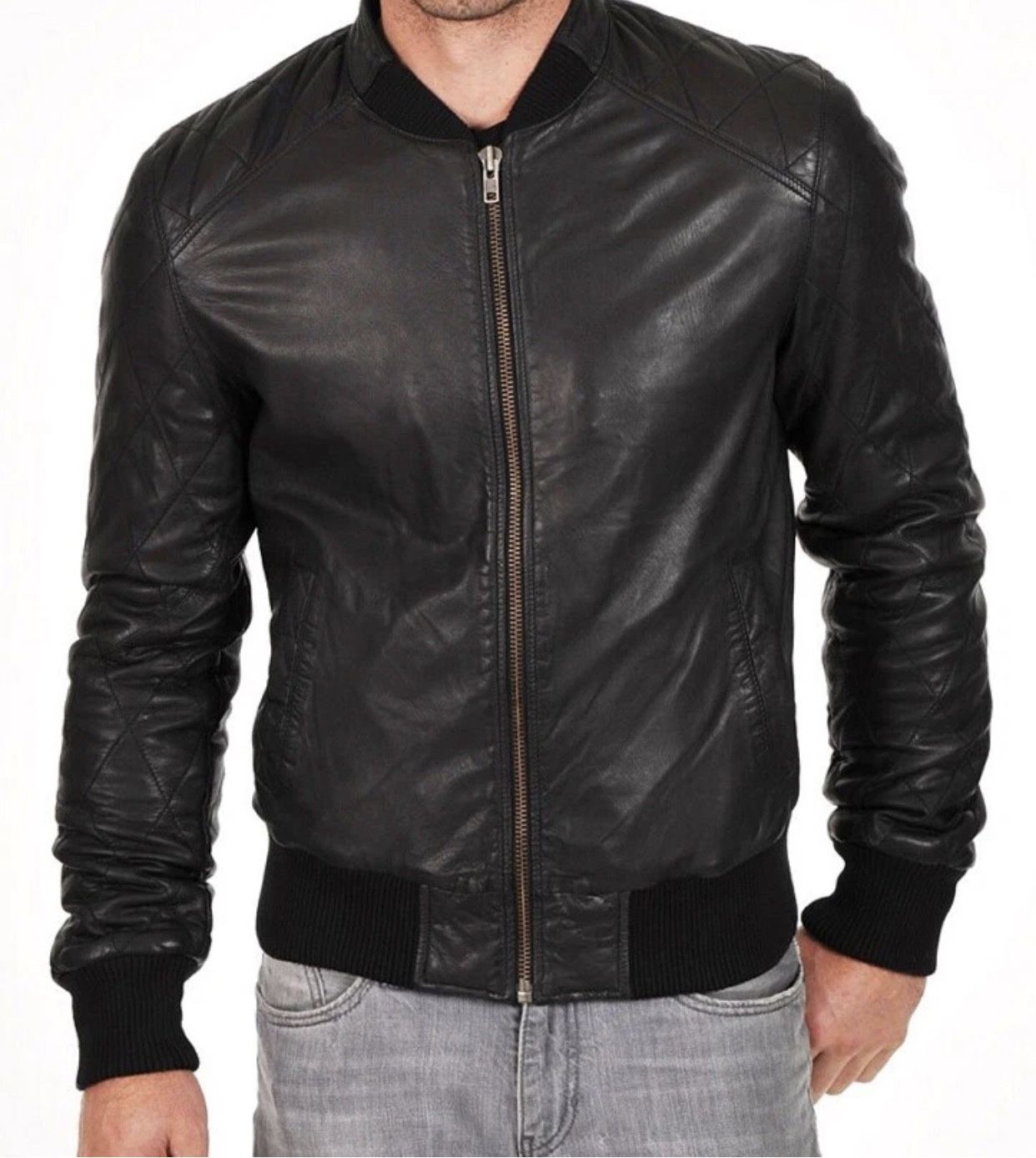Bomber Leather Jacket 100 % Real Soft Sheepskin Black 