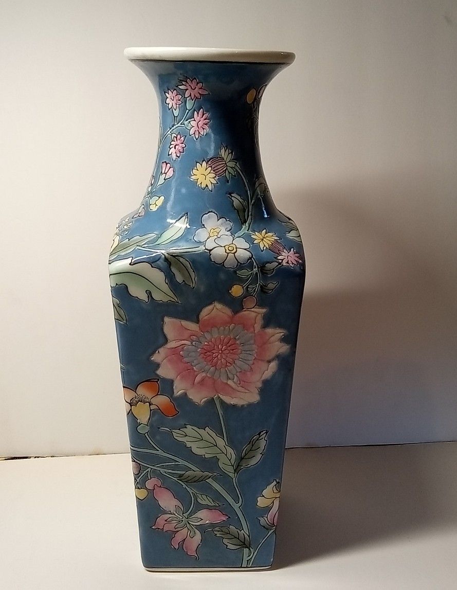 Vintage H.F.P.Macau 12.5" Tapered Square Vase Handpainted French Blue Pink Lotus