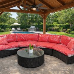 Patio Furniture Moving Sale  Red Cushion Semicircle Set With Great Round Fire Pit