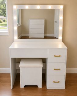 Lighted Makeup Vanity w/ Mirror, Stool & Drawers – $50 (Originally $249)