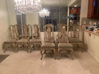 Dining set table 47" x 75" with 8 chairs in great clean condition.  With protected felt and vinyl table pad.