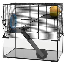 23.5" Glass Basin Hamster Cage~NEW~ Gerbil Cage w Water Bottle, Food Bowl, Ramps~Black