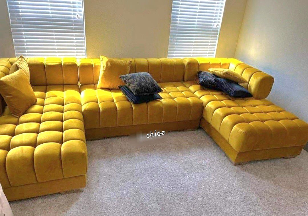 
\ASK DISCOUNT COUPON` sofa Couch Loveseat Living room set sleeper recliner daybed futon 🏆AR Yellow Velvet Double Chaise Sectional 