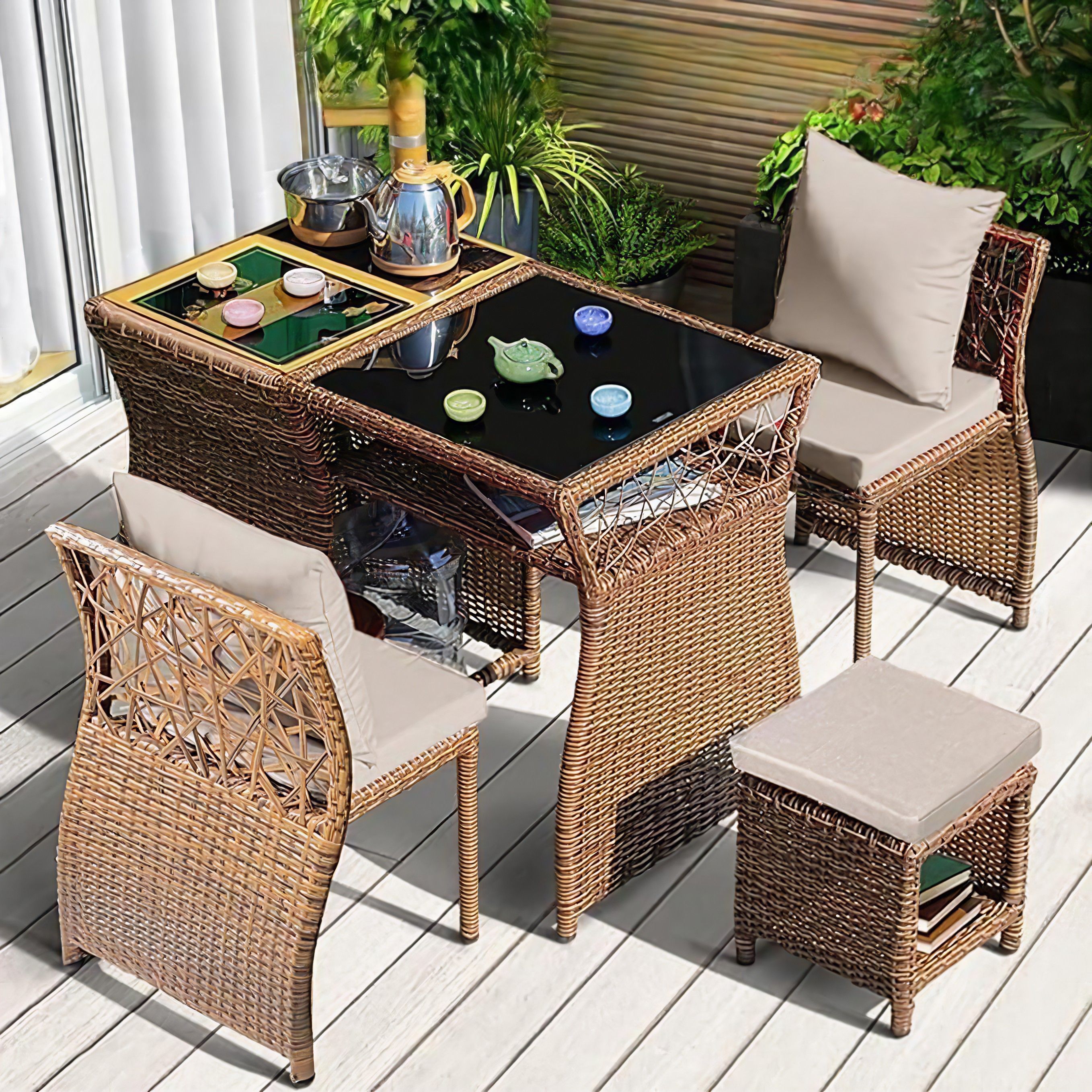 Outdoor Patio Furniture | Wicker Table Set with 4 Chairs | Balcony / Garden