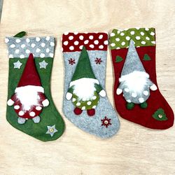 3 Handmade Felt Christmas Stockings with Gnome Design