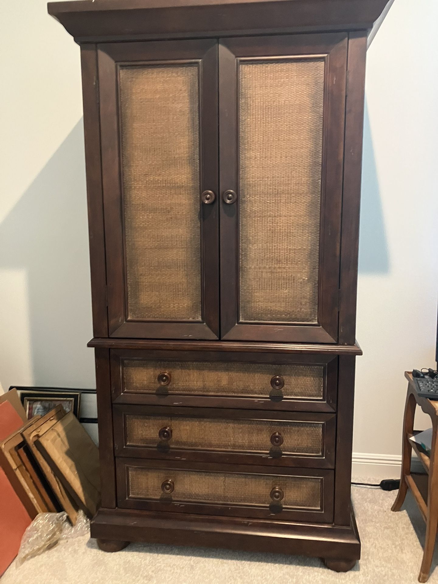 Wood And Rattan Two Piece Armoire Cabinet