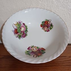 BOWL WITH PRETTY FLOWERS AND FRUIT WITH GOLD TRIM AROUND TOP