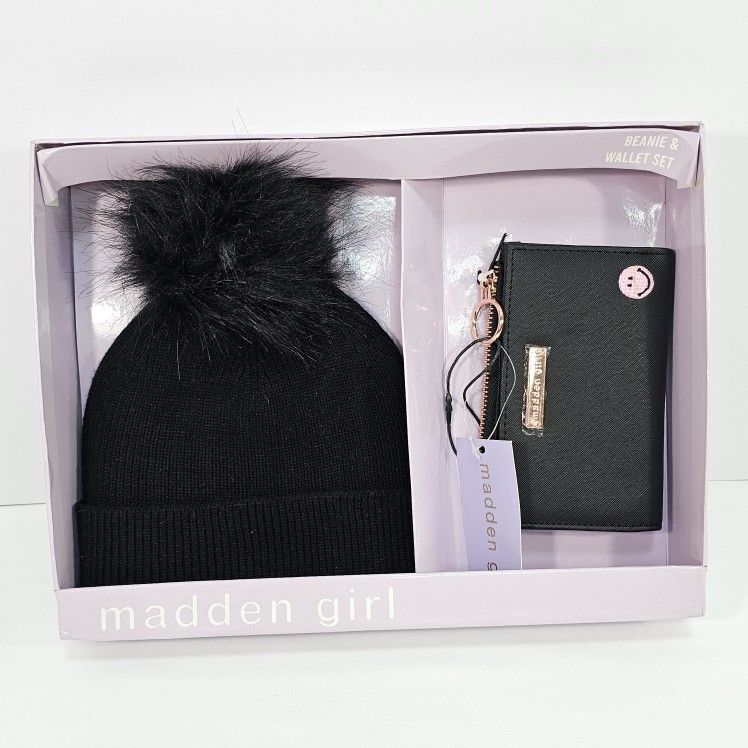 Madden Girl Black Pom Beanie and Wallet Gift Set Faux Fur Pom Rose Gold Accents
