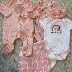 Baby Girls Size 0-3 Months  Girls Clothes Lot - Sleeper Onesies Burp Cloth