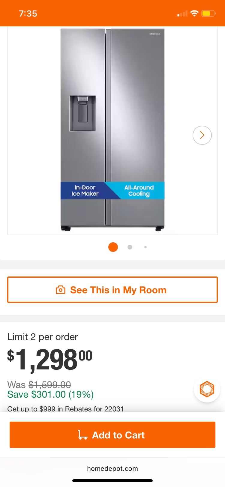 SAMSUNG RS27T5200SR Samsung 36" Side by Side Refrigerator with Ice Maker 27.4 cu. ft. - Fingerprint Resistant Stainless Steel