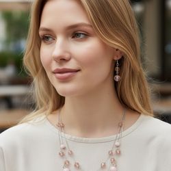 18" Multi-chain Illusion Necklace/Drop Earrings Set Frosted Pink Rondelle Beads. Very Good Condition. This jewelry set features a multi-strand illusio