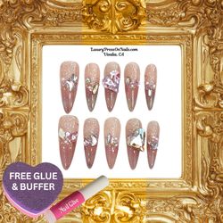 Beige Nude Korean Jelly Glass Almond Crystal Press On Nails 10 Pc Set - FREE GLUE & BUFFER