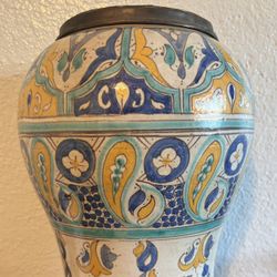 Large 15" Vintage Moroccan Fez Ceramic Urn - Hand-Painted