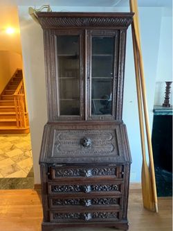 Antique Carved Wood Secretary Desk Bookcase