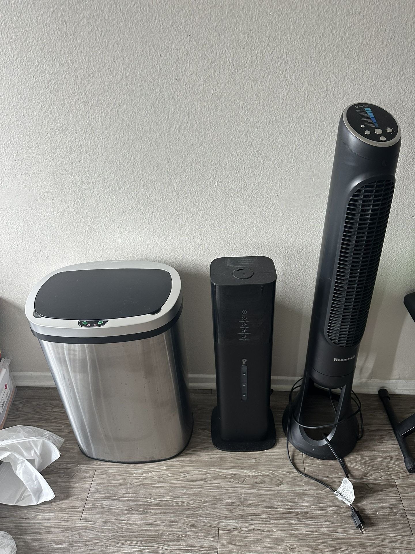 automatic trash can, air humidifier, tower fan