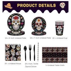 195 pieces halloween party supplies,  decorations,  plates, napkins, cups, knives, forks, spoon 