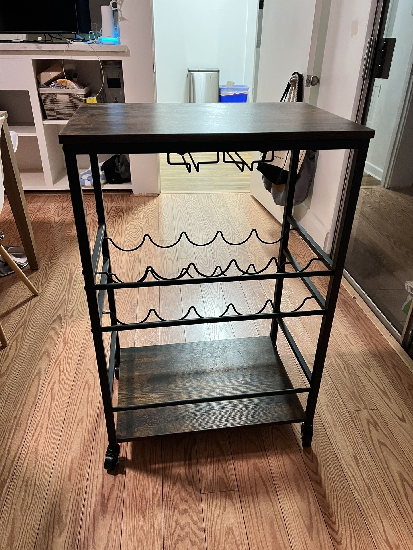 Industrial Rustic 3-Tier Rolling Bar Cart / Kitchen Serving Trolley w/ Wine Rack & Glass Holders