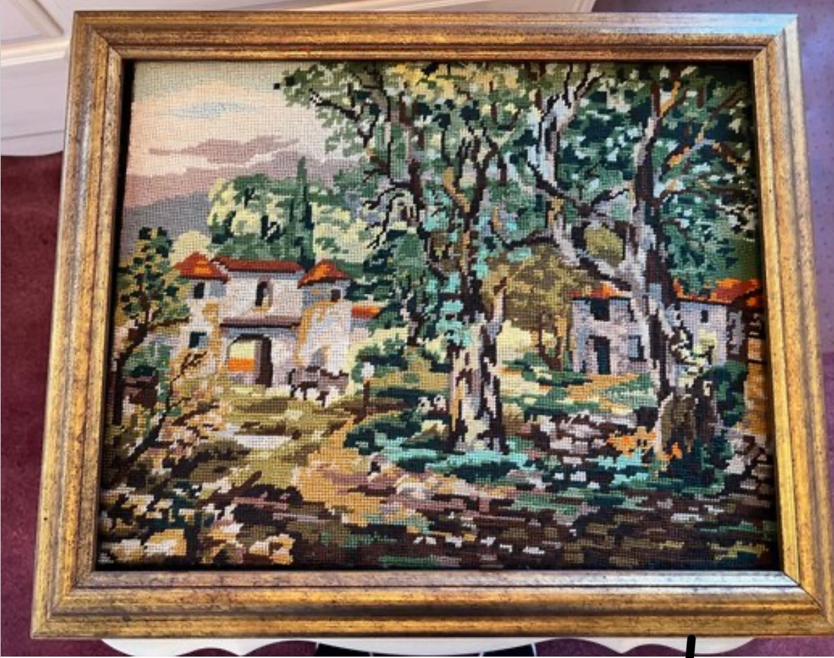 VINTAGE ROYAL PARIS VILLAGE TOWN FRAMED NEEDLEPOINT