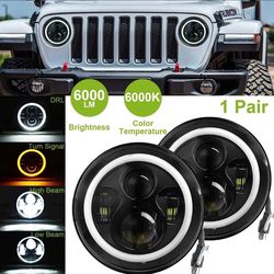 Pair 7 inch LED Headlights For Jeep Mazda Miata MX5 MX-5 Halo Angel Eye