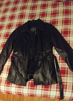 Black leather zip-up overcoat