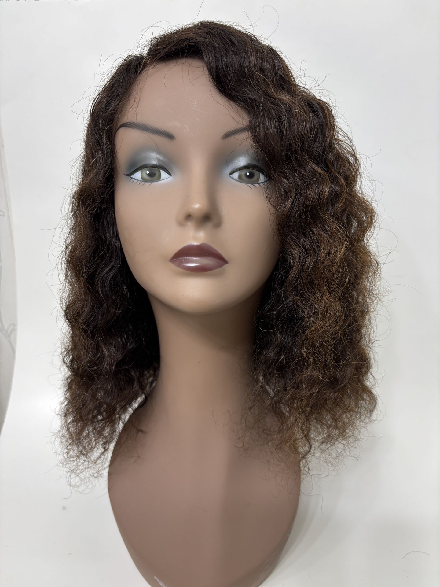 Dark Brown with Reddish Highlights Human Hair Wig - Curly 12” Inches -Preowned