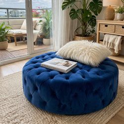 Velvet round Ottoman on wheels Diameter 42, height 16