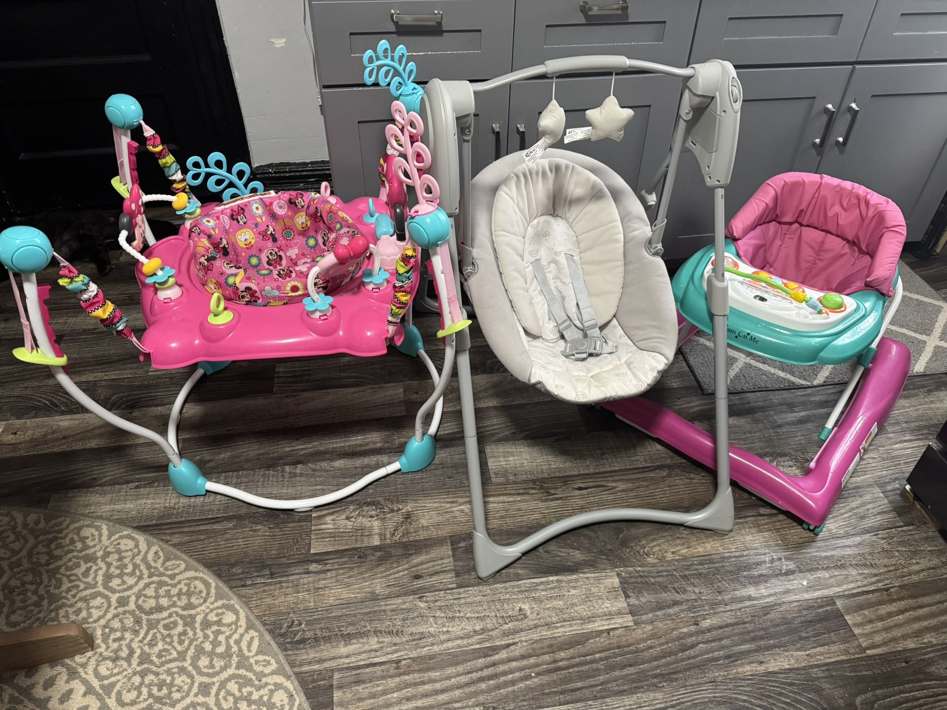 Graco Baby Swing, Mini Mouse Jumper, Dream On Me Walker, Reindeer Projector Mobile Bundle
