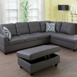 Brand New Gray Leather Sectional With Storage Ottoman 