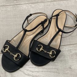 GUCCI Black  Leather Sandals With Horsebit