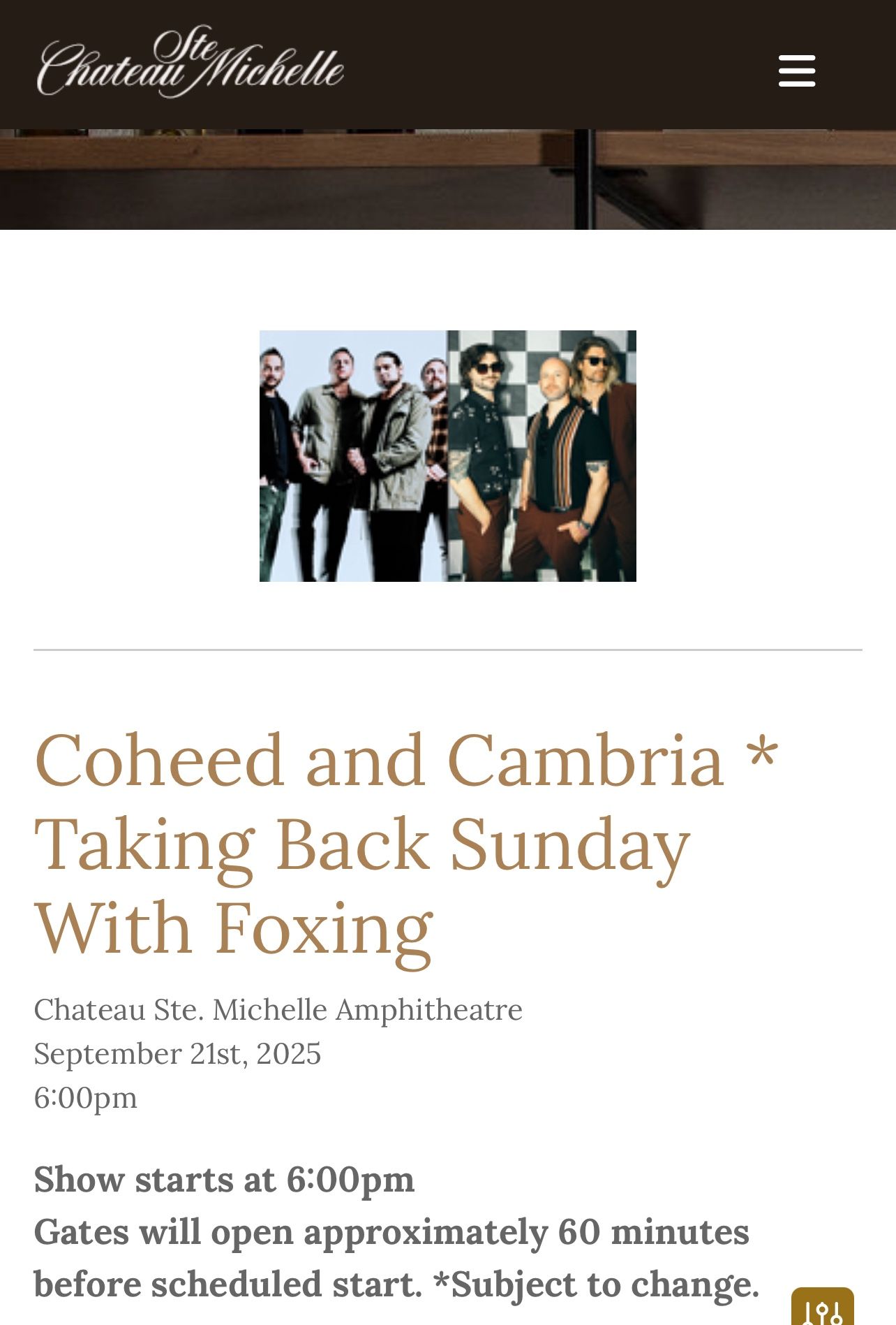 Coheed and Cambria & Taking Back Sunday 2 Tickets - 9/21 Show Chateau st. Michelle Winery