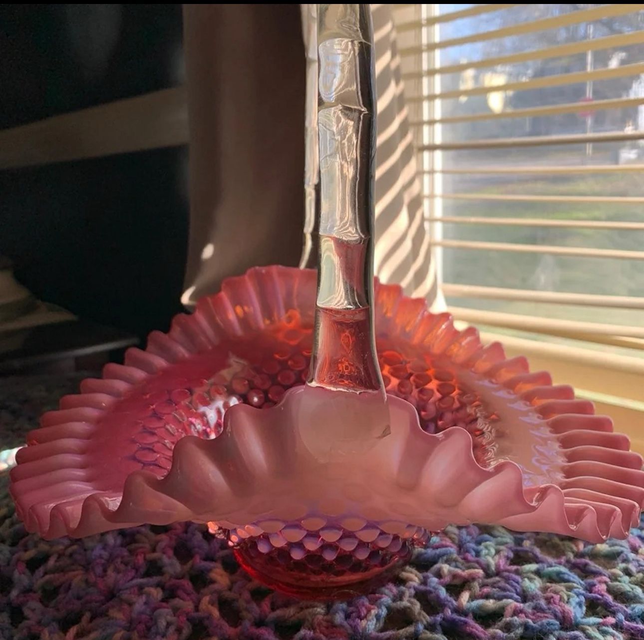 Vintage Pre Logo Fenton Cranberry Opalescent Hobnail Basket